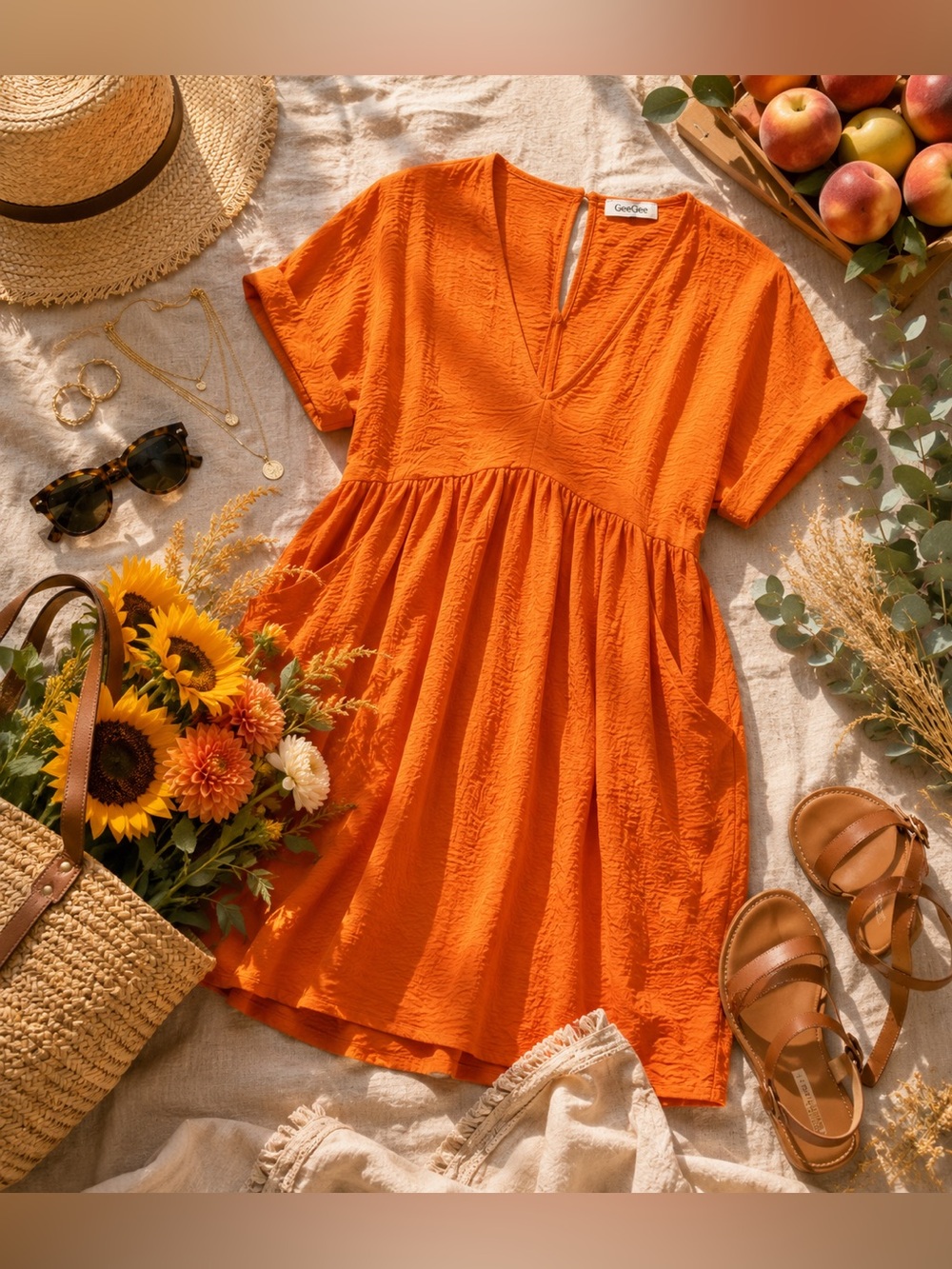 GeeGee Isn’t That Sweet Crinkle Babydoll Mini Dress | Orange | Medium | Pockets